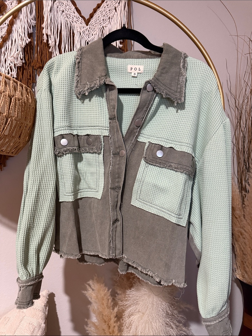 POL Two-Tone Mint & Olive Utility Shacket